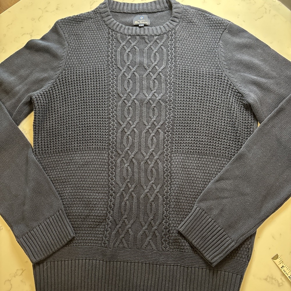 Ben Sherman Cotton Cable Knit Sweater Mens M Navy Blue Pull Over Heavy Knit